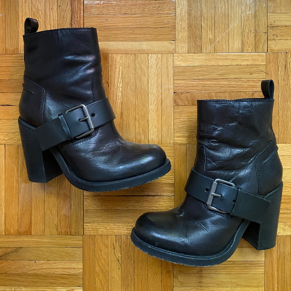 All Saints Black Leather Buckle Boots